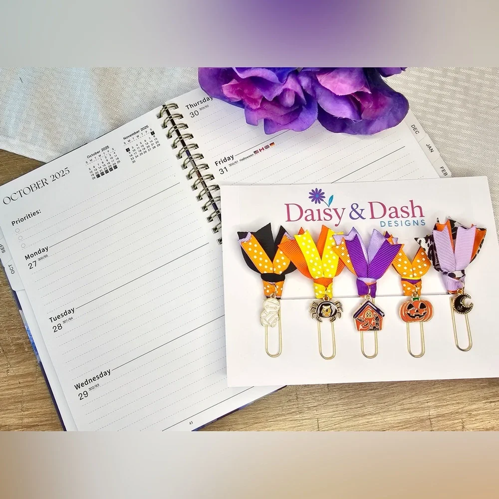 Set of 5 Halloween Ribbon Paperclip Bookmarks with Charms